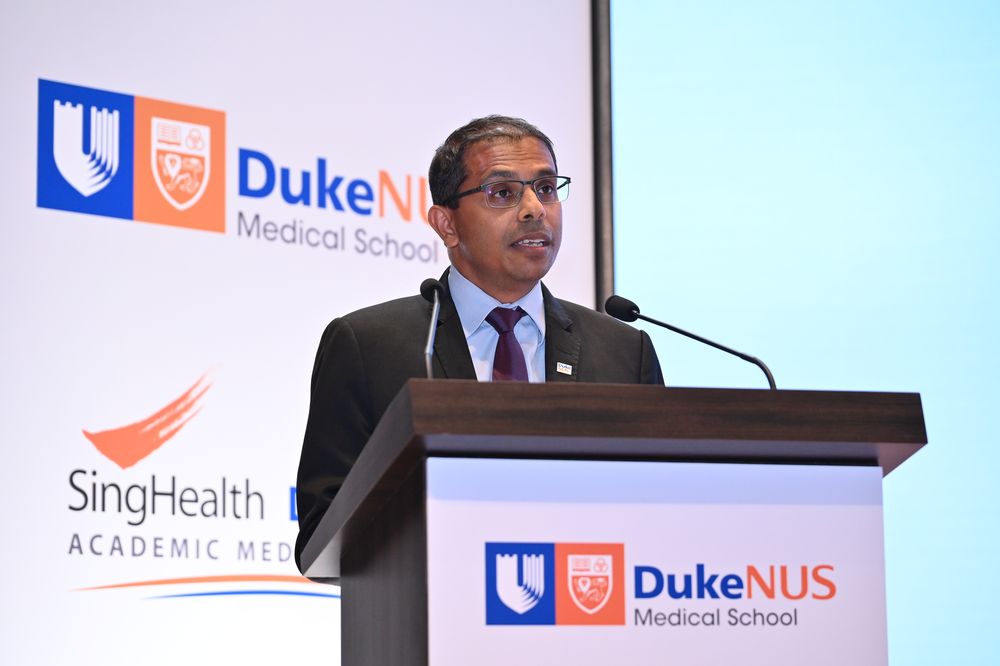 Devanand Anantham delivers his speech during the White Coat Ceremony in 2023, addressing Duke-NUS&#39; newest medical students