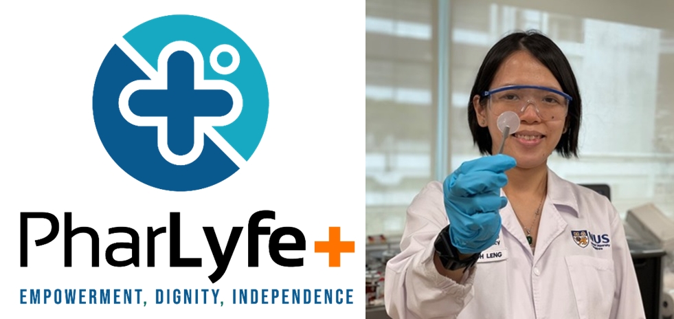 Ms Tan Poh Leng (right) holding a sample of the oral film, with the company logo of the startup company, PharLyfe+ (pronounced as “Far-Life-Plus”) started by the team (left) // Credit: NUS
