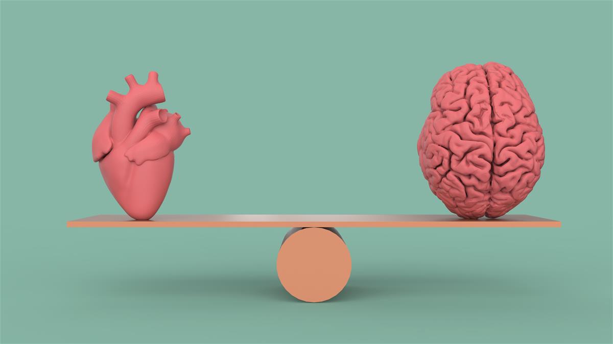 A heart sits on a wooden plank with a brain on the other end. The wooden plank is placed on a fulcrum