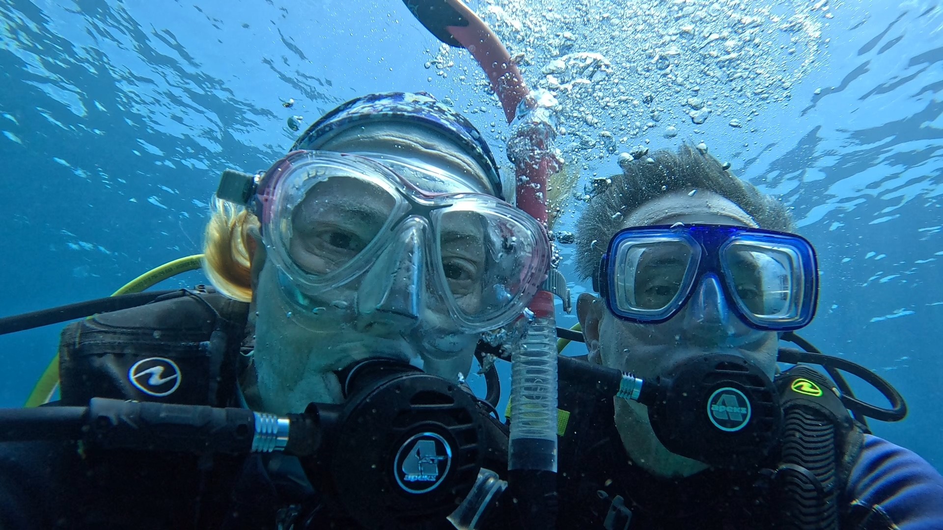 Photo showing Prof David Virshup and his wife scuba diving
