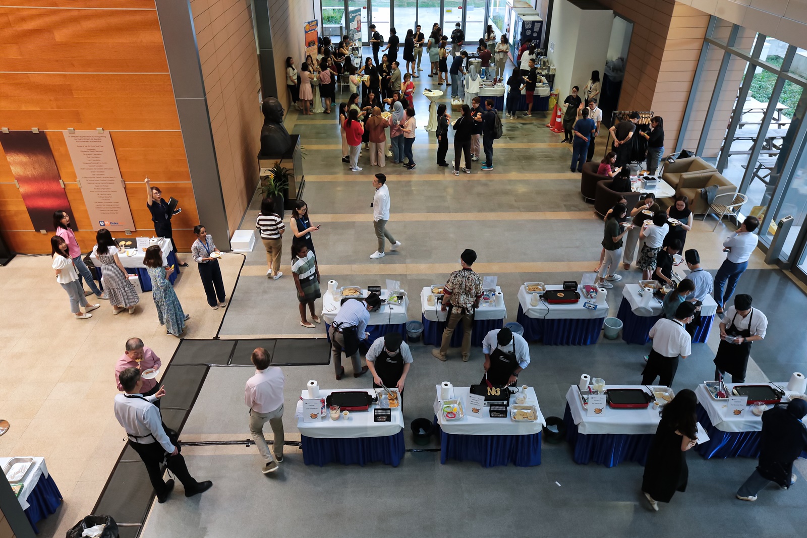 An aerial view of the pancake stations that saw four rotations of chefs throughout the morning.