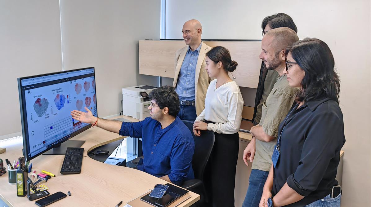 In a proud moment for the team, first author of the study Dr John Ouyang (seated) talks Associate Professor Jacques Behmoaras (second left) and the rest of the team through the key takeaways from their work // Credit: Jacques Behmoaras lab