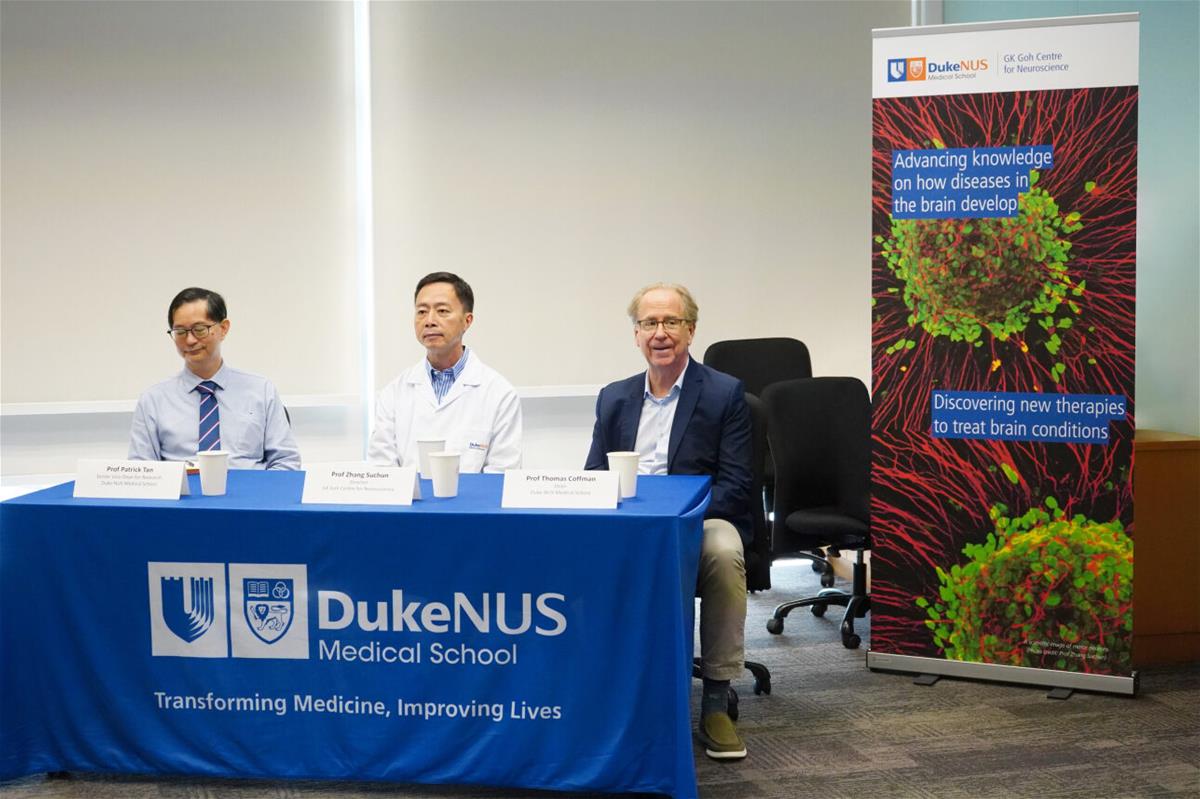 Senior Vice-Dean for Research Professor Patrick Tan (left) joined by GK Goh Centre for Neuroscience director Professor Zhang Suchun (centre) and Duke-NUS Dean Professor Thomas Coffman (right) at the media briefing