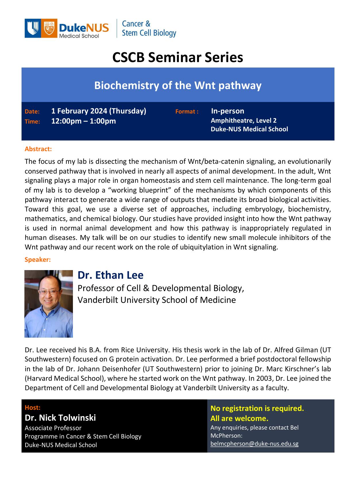 Noon Seminar: Dr. Ethan Lee - “Biochemistry of the Wnt pathway”